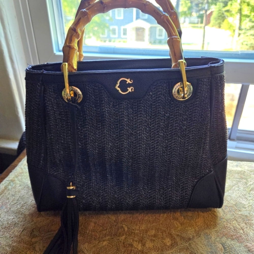 C. Wonder SKYE Black Woven Satchel with Bamboo W Handles